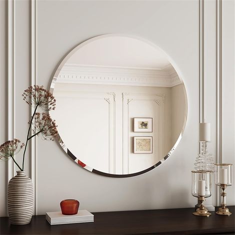 Luvodi – Miroir mural décoratif rond 60x60cm – Verre biseauté sans cadre – Grand miroir suspendu argenté pour entrée, chambre et salle de bain (1/5)