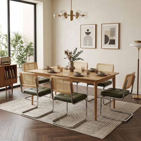 Lot de 6 Chaises Moyen Siècle – placage en rotin, Similicuir Rembourré et Pieds Chromés, Dossier en rotin naturel, pour salle à manger - Vert (1/5)