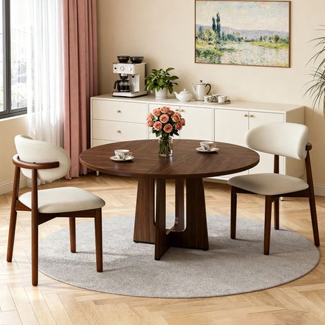 Ensemble table à manger ronde 120cm Noyer 2 Chaises Moderne Minimaliste Pour Salle à manger Cuisine Bureau Salon (1/5)