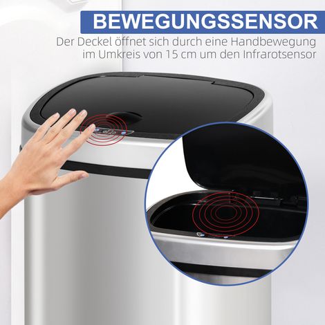 Poubelle à capteur 48L, poubelle automatique avec détecteur de mouvement, conteneur à déchets étanche en acier inoxydable pour cuisine, bureau, chambre argent (1/5)