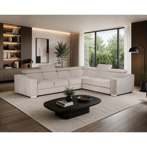 DANIO - Canapé d’angle convertible en tissu avec têtières réglables - 6 places - 335 cm - Beige (1/3)