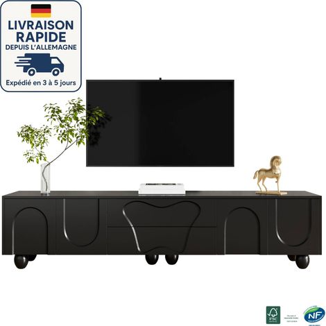 MODFU-Mueble TV 180cm con almacenaje, 4 puertas y 2 cajones, mueble TV salón dormitorio, 180x40x42cm, negro (1/5)