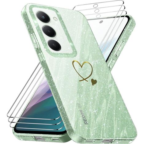 Coque Compatible avec Xiaomi Redmi 15 4G/ 5G EU Version (Pas pour Global Version), 3 Pièces Protection Écran en Verre Trempé, Housse Souple et Transparent, Étui Anti Empreintes et Paillettes (1/5)