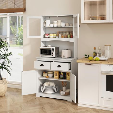 GOPLUS 170CM Buffet Haut Cuisine avec Étagères, Portes en Verre Trempé, 3 Étagères Ajustables et 2 Tiroirs, Meuble Rangement Cuisine Style Contemporain pour Salon, Salle à Manger, Blanc (1/5)