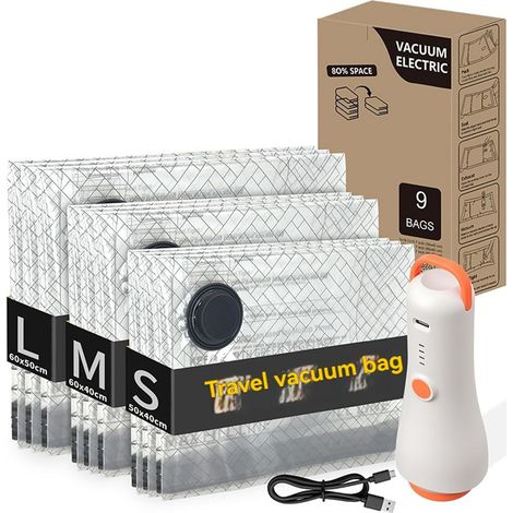 Sac de compression sous vide transparent pour économiser de l'espace - Sacs de rangement L/M/S pour le rangement de voyage et de la maison - Sac hermétique sous vide avec pompe électrique (1/5)