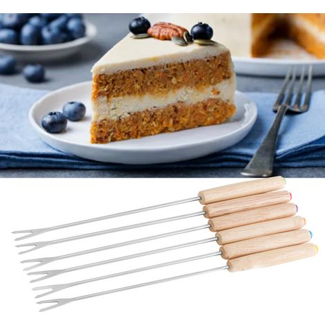 Lot de 6 fourchettes à fondue en acier inoxydable, bâtonnets à fondue au fromage et à s'mores, avec manche en bois résistant à la chaleur, pour chocolat et fromage. (1/5)