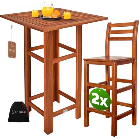 CASARIA® Wooden Bar Table Set with 2x High Bar Stools with Backrest Outdoor Indoor Solid Acacia Wood 110x75x75cm Weatherproof Rustic Garden Balcony Patio Furniture