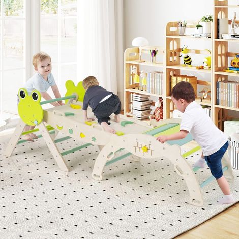 Ensemble d'escalade enfant vert 3 pièces en bois avec triangle, arche, rampe double face et toboggan pour jardin et chambre (1/3)