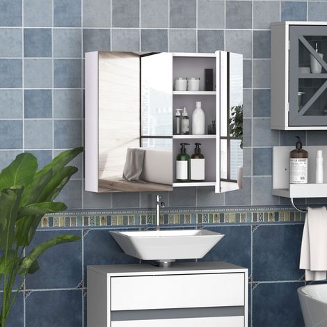 Meuble de rangement mural blanc avec miroir pour salle de bain, 70x60 cm, étagère ajustable, placard miroir avec espace de stockage (1/5)