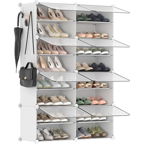 1 Étagère à chaussures 8 compartiments, Structure acier, Panneaux plastique, Portes transparentes, Intérieur