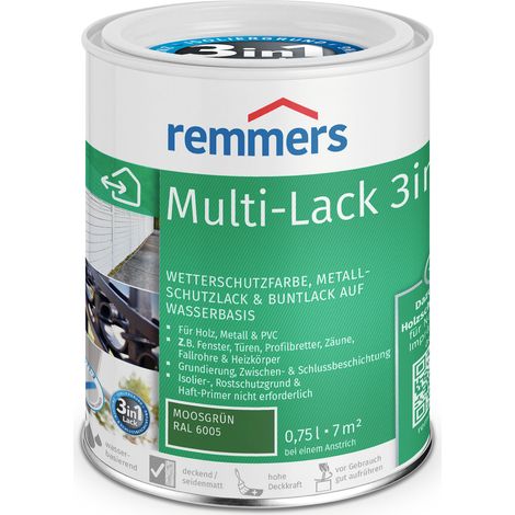 Remmers Multi-Lack 3in1 moosgrün (RAL 6005), 0,75 Liter, Wetterschutzfarbe, Metallschutzlack & Buntlack auf Wasserbasis für Holz, Metall & PVC