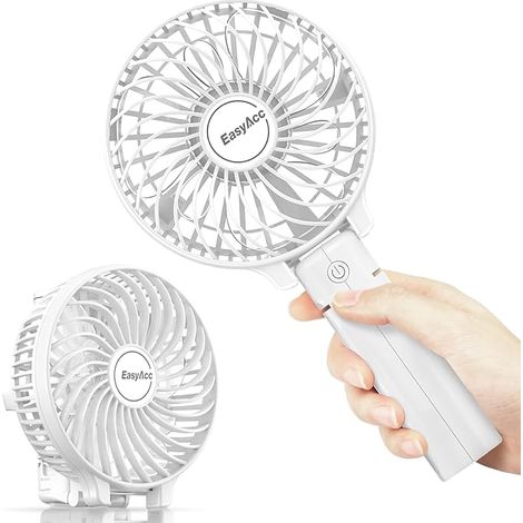 Ventilateur de poche miniature blanc, portable et pliable, idéal pour les voyages, les activités de plein air, le bureau et la maison. Il offre 3 vitesses, 10 heures d'autonomie, une batterie recharge (1/5)