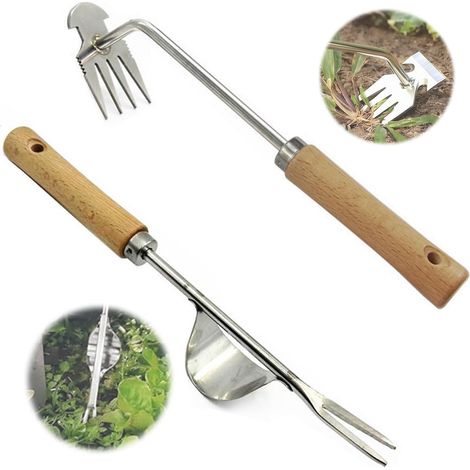 Unkrautjäter aus Edelstahl mit Holzgriff, 2 Stück, Gartenwurzeljäter, Handjäter mit Griff, Entwurzelungswerkzeug, manueller Jäter zum Jäten, Graben, Umpflanzen, Lösen
