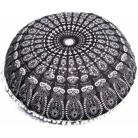 Housse de coussin de sol ronde en coton, 80 cm, confortable et décorative, noire