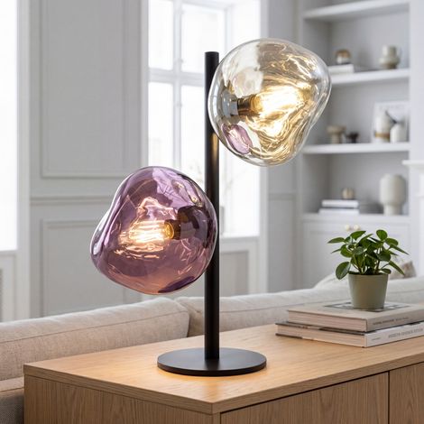 Tischlampe 2-flammig E14 40 cm hoch mundgeblasenes Glas Alu in Schwarz Weiß Tischleuchte