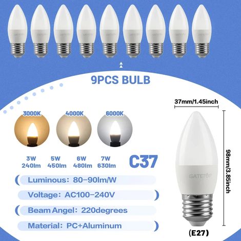 (9 ampoules, blanc chaud 3000K) Ampoules LED à économie d'énergie, 220V, culot E27, adaptées à l'éclairage de la chambre et du salon. (1/5)