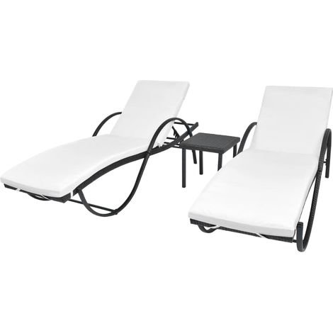 Sonnenliegen 2 Stk. mit Tisch Poly Rattan Schwarz