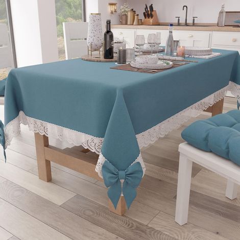 Nappe Rectangulaire Tissu avec Dentelle de Saint-Gall, Nappes de Table en Coton 12 Places, 140x240 cm, Bleu, Accessoires De Cuisine (1/5)