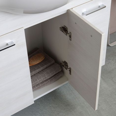 Kiamami Valentina – Meuble de salle de bains au sol 85 cm – Chêne blanc effet bois – 3 portes – Lavabo céramique avec trop-plein – Miroir avec spots LED — vue 4