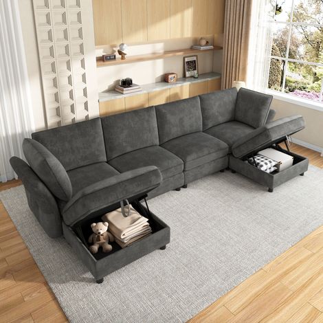 Canapé d'angle modulable en forme de U/L, canapé 6 places combinable à volonté avec pouf de rangement, design Cloud, tissu chenille, convient au salon, à l'appartement et à la chambre, gris. (1/4)