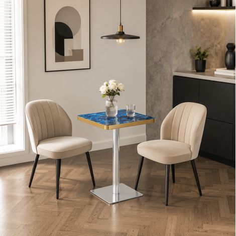 Quadratischer Esstisch 60 x 60 cm in blauem Marmorlook mit Metallgestell (1/5)