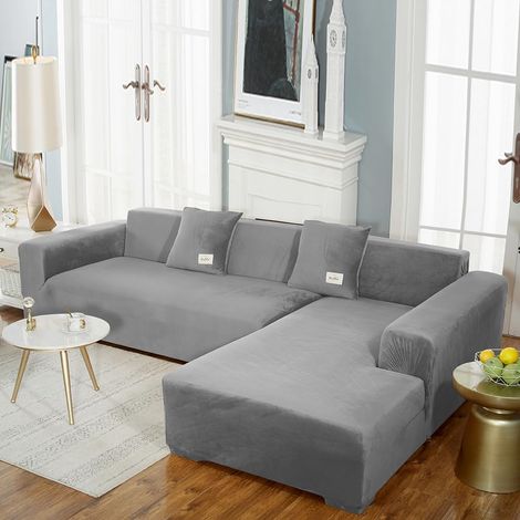 Housse de canapé d'angle en velours pour salon, lavable en machine, housse pour canapé modulable, tissu doux et confortable, anti-poussière (Gris clair, 2 places, 145–185 cm, lot de 1) (1/5)