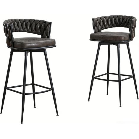 Tabouret de Bar Pivotant, Dossier Tressé, Assise en Simili-Cuir Rembourrée, Structure Métal Noir, Tabouret Haut de Cuisine pour Îlot de Cuisine (1/5)