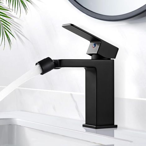 Modern Robinet Lavabo Noir, Robinet Salle Bain en Laiton, Robinet de Bidet avec Rotation Bec Normal, Mitigeur Lavabo Eau Chaude et Froide Disponible, Aérateur Anti-Éclaboussures, G3/8 (1/5)