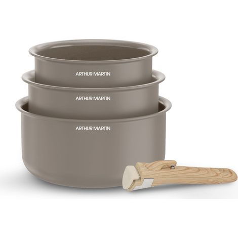 Set di 3 pentole - Adatte a tutti i piani cottura, incluso induzione - ARTHUR MARTIN - AM1122 - Ceramica - Ø 16-18-20 cm + manico removibile - Taupe (1/4)