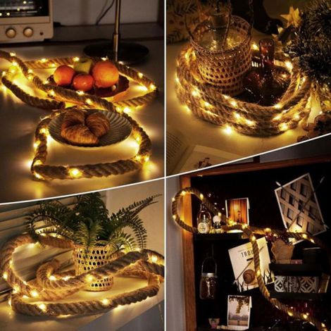 Guirlande Lumineuse LED - 5 M - 50 Ampoules - Chanvre Naturel - Décoration Intérieure Et Extérieure - Alimentation Piles - 1 Pièce (1/5)