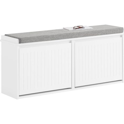 Sobuy – Banc d'entrée FSR98XLW avec assise coussin rembourré – 2 abattants – Rangement chaussures – Dimensions L100xP26xH46cm – Blanc laqué