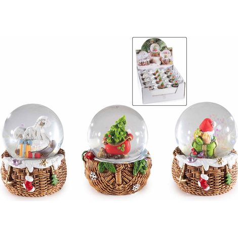 Palle a neve natalizie su cestino in resina in espositore da 12 pezzi, set da 12 pezzi, Ø 5 cm x 6,5 H
