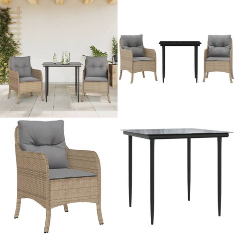 3-tlg. Garten-Essgruppe mit Kissen Beige Poly Rattan - Gartentisch - Gartenstuhl (1/5)