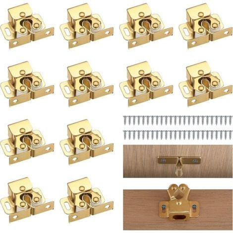 Double Roller Wardrobe Cabinet Door Latches, 12pcs Double Roller Cupboard Lock Double Roller Cabinet Catch with 48pcs Screws-Golden,Gold (1/5)