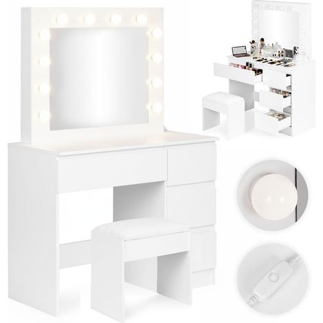 Tavolo da toeletta con specchio a LED, 4 cassetti + sgabello