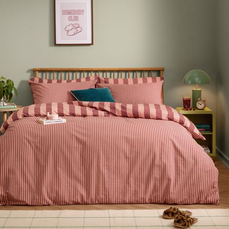 Parure De Couette Literie en Polycoton Réversible À Rayures Étroites Audacieuses Smoothie Framboise Double 200x200cm (1/5)