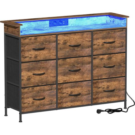 Commode avec 9 tiroirs en tissu et éclairage LED, 2 ports USB et 2 prises CA, buffet avec plateau en bois, cadre en métal, 9 tiroirs pour chambre à coucher, salon, marron (1/5)