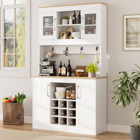 Buffet de Cuisine Moderne Blanc et Bois - 106x39x175cm - Armoire de Rangement avec Vitrine, Range-Bouteilles et Crochets (1/5)