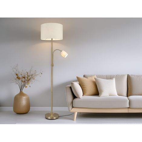 LED Stehleuchte Messing mit Leselampe, Stoffschirme Cremeweiß, Höhe 170cm (1/5)