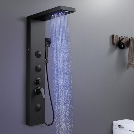 Panneau de douche à LED avec mélangeur, 6 modes de douche : pluie et cascade, 2 modes de jets de massage, combiné et bec de bain, colonne de douche en acier inoxydable noir mat (1/5)