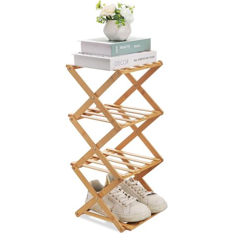 Etagere Chaussure Bois, Etagere Chaussure Pliable à 4 Niveaux, Range Chaussures Vertical, Porte Chaussures Sans Installation, Étagère à Chaussures Compact pour Petit Espaces, Couloirs, Chambres (1/5)