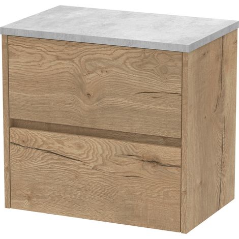 Nuie Havana Autumn Oak Woodgrain 600mm Wall Hung 2 Drawer Vanity Unit with Bellato Grey Worktop - HAV804LBG (1/2)