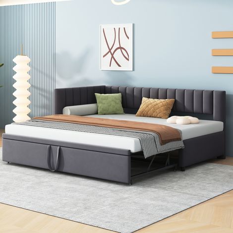 Canapé convertible lit gigogne 90x200 cm velours gris HAVRYA (1/5)