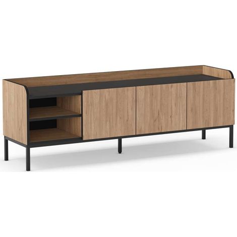 Mueble para televisión 3 puertas 2 huecos mod-Calixto acabado roble sepet y negro, 160cm(ancho) 55cm(alto) 42cm(largo) (1/5)