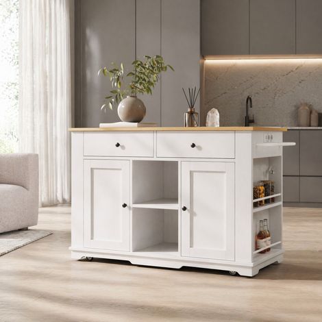 Isola cucina con presa, piano ribaltabile, 2 cassetti, 6 scomparti, bianco DESVIAE (1/5)