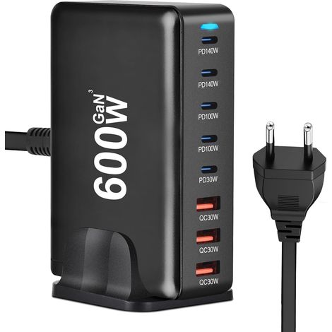 600 W Chargeur multiple USB C - Station de charge USB GaN III sécurisée 8 ports, bloc de charge portable charge rapide pour voyage avec PD 140 W (portable)/QC 30 W, compatible avec MacBook Pro (1/5)