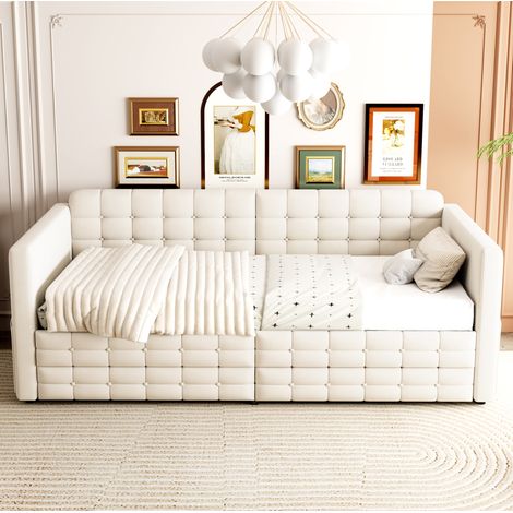 Divano letto per bambini 90x190 cm con 2 cassetti e tasche portaoggetti, base a doghe, velluto beige (1/5)