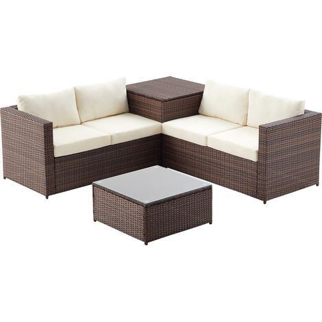 Conjunto de jardín de resina trenzada 4 personas marrón/blanco SILANG (1/5)