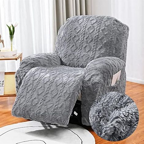 1 Places,Gris Housse de Fauteuil Relax Extensible 1 Places,Jacquard Peluche Housse de Fauteuil Relax Inclinable Electrique avec Poche, 4 Pièce Lavable (1/5)