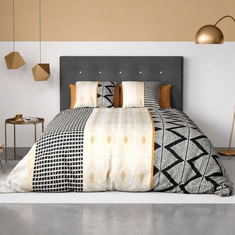 Parure housse de couette 260x240cm + 2 taies motif ethnique beige et noir 100% coton - DIANA (1/4)